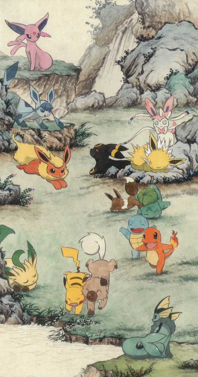 Hanging in Chinese ink-and-mineral-pigment landscape style: Espeon, Sylveon, Flareon, Umbreon, Jolteon, Vaporeon, and 5 others. One animal, painted eight ways, each convinced it is the correct one.