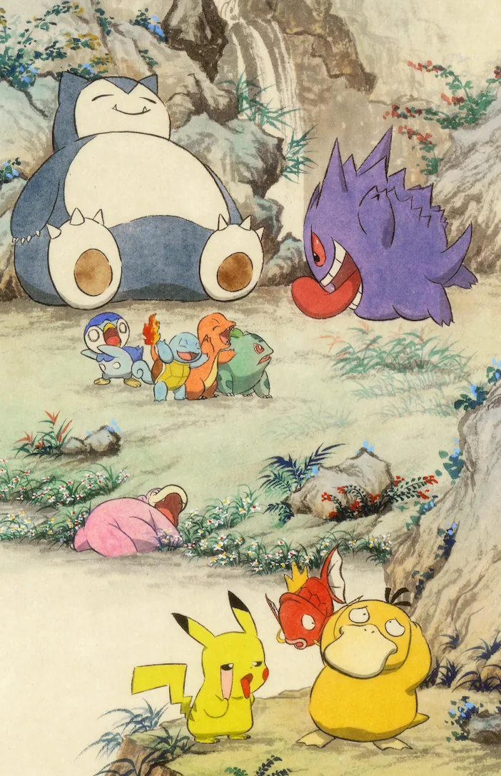 Hanging in Chinese ink-and-mineral-pigment landscape style: Snorlax, Gengar, Squirtle, Bulbasaur, Charmander, Pikachu, and 4 others. Everyone you met first, arranged as a scholar would arrange his favourite stones — by temperament, not by size.