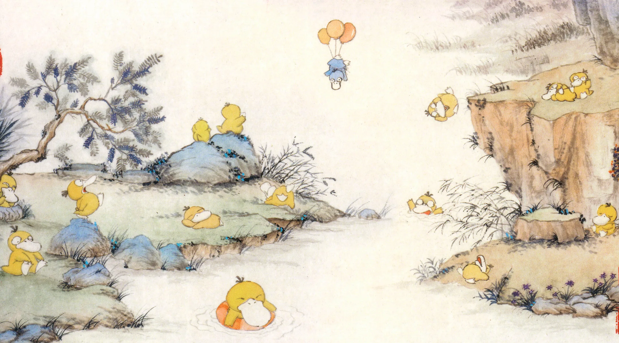 Handscroll in Chinese ink-and-mineral-pigment landscape style: Psyduck, Drifloon, Eevee. Two-thirds of this painting is blank paper. The far bank is not missing — it is simply not being shown to you yet.