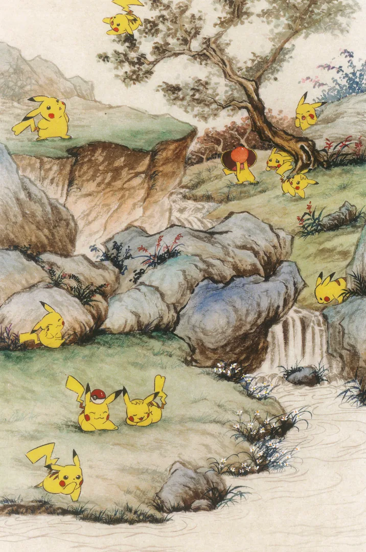 Hanging in Chinese ink-and-mineral-pigment landscape style: Pikachu. A colony scattered across the rocks like sparks that landed and stayed. Count them; there are always more than you counted.