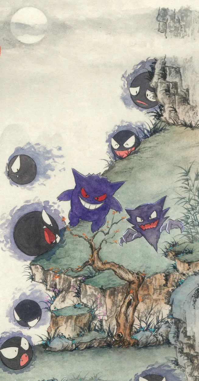 Hanging in Chinese ink-and-mineral-pigment landscape style: Gastly, Haunter, Gengar. The tree has been dead for a century and is the most populated thing in the valley.