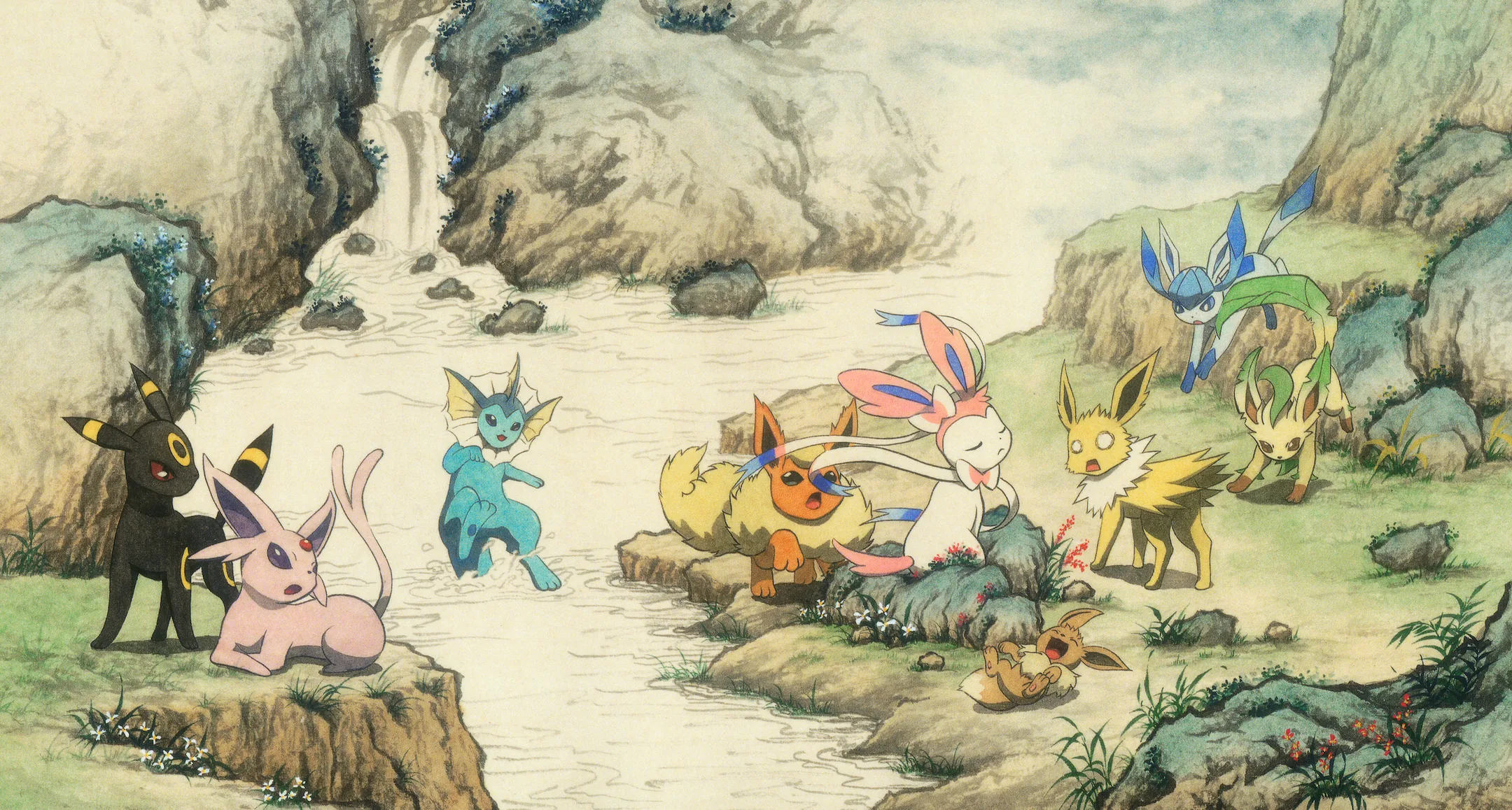 Handscroll in Chinese ink-and-mineral-pigment landscape style: Umbreon, Espeon, Vaporeon, Jolteon, Flareon, Leafeon, and 3 others. Unrolled, the family spreads across four feet of riverbank and stops being a group portrait. It becomes a place they happen to live.