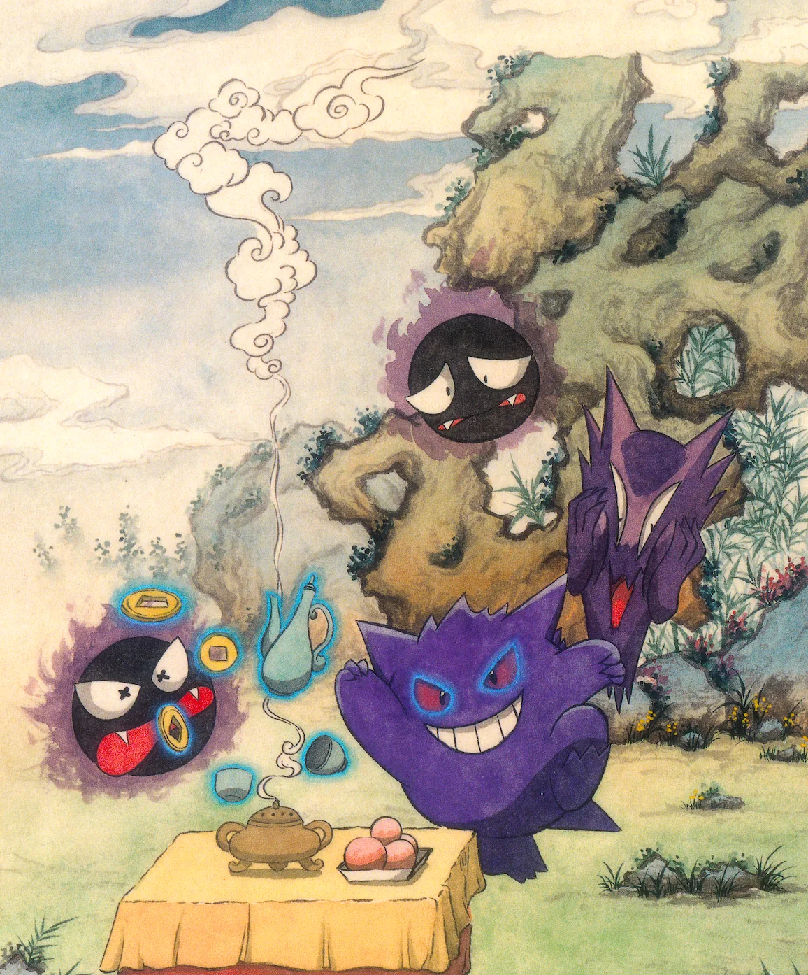 Hanging in Chinese ink-and-mineral-pigment landscape style: Gengar, Haunter, Gastly, Koffing, Weezing. Tea has been poured, dumplings set out, and the guests have arranged themselves around a table none of them can sit at. The host is delighted.