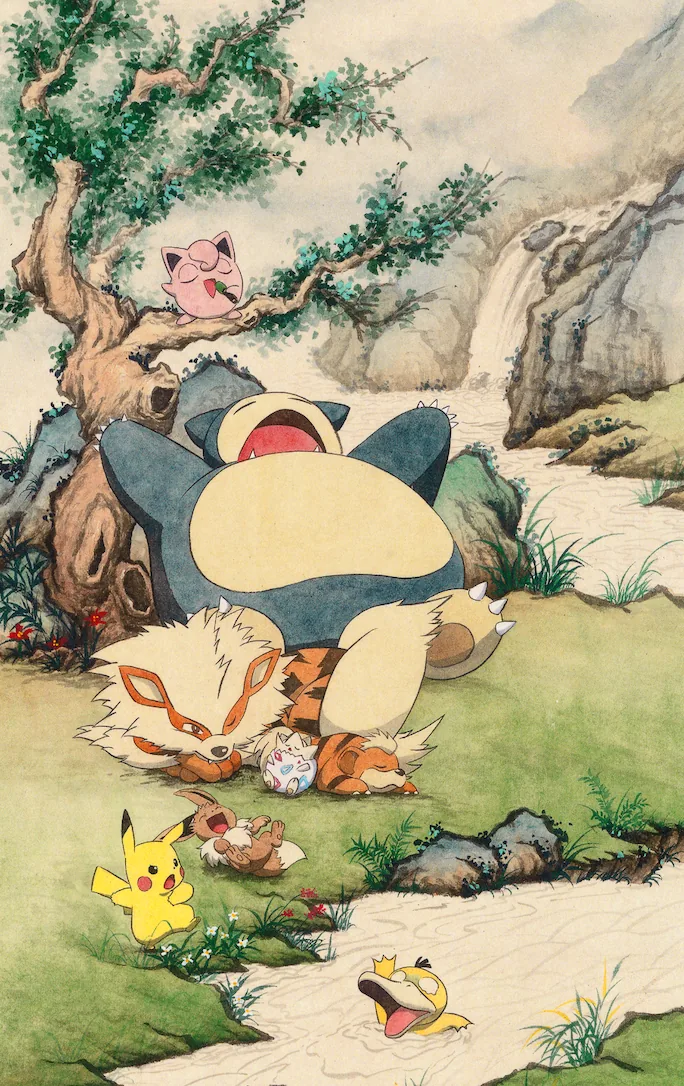 Hanging in Chinese ink-and-mineral-pigment landscape style: Snorlax, Ninetales, Vulpix, Pikachu, Clefairy, Psyduck. The fox keeps watch out of politeness. Nothing is coming. Nothing has ever come.