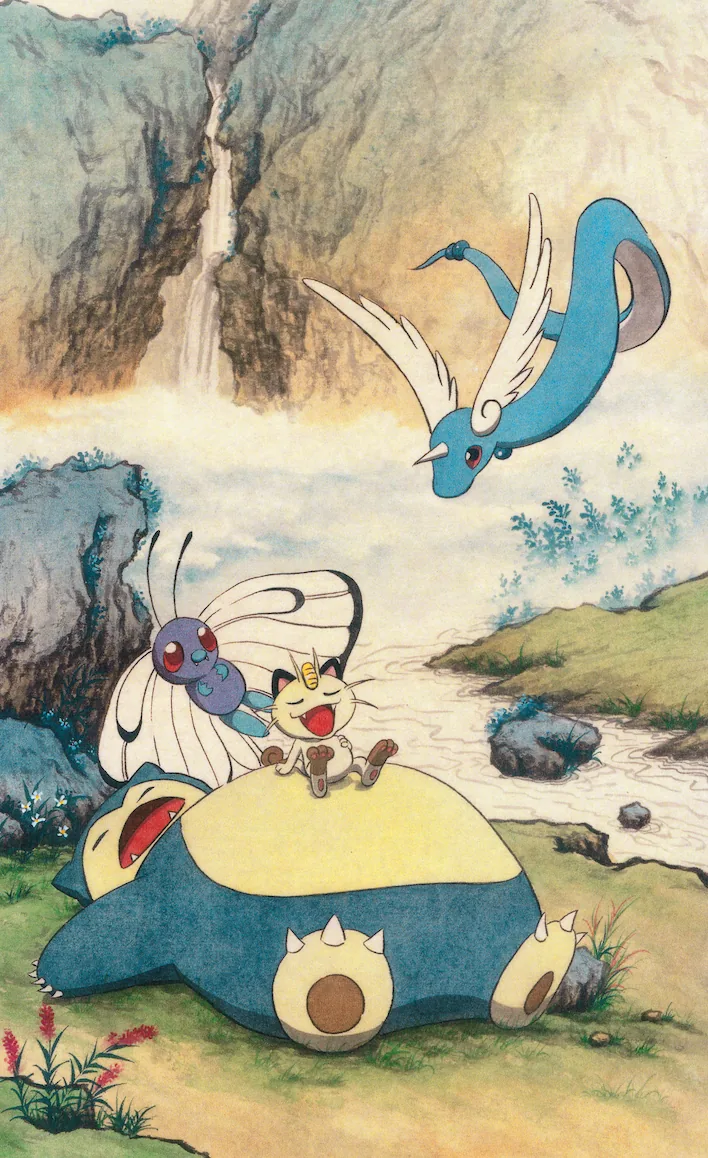 Hanging in Chinese ink-and-mineral-pigment landscape style: Snorlax, Meowth, Venomoth, Articuno. A legendary bird crosses the waterfall. The cat sitting on the sleeping mountain does not look up. The moth does not look up either.